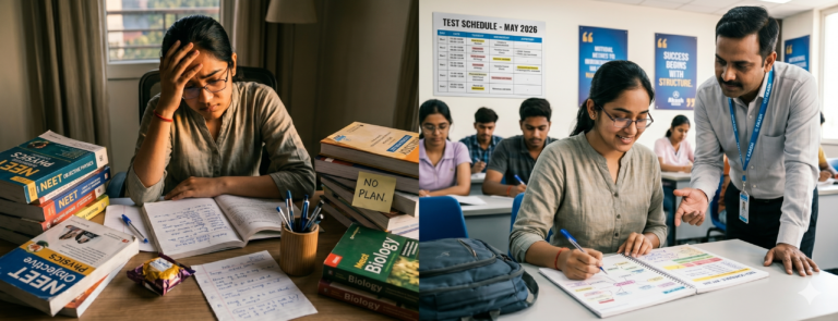A visual comparison of a self-studying NEET student versus a student inside a structured NEET study program with mentor support and organised preparation