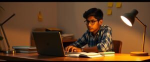 An Indian NEET aspirant studying at night with books and a laptop, representing preparation through a top NEET selection program