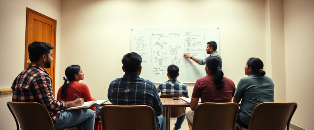 A small group of serious NEET aspirants learning from a mentor inside an exclusive NEET coaching batch with a Biology whiteboard in the background