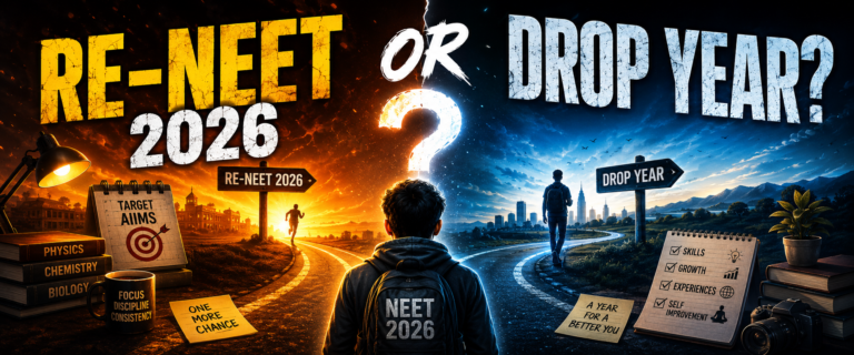 Student confused about drop year after NEET 2026 cancellation and Re-NEET decision cinematic YouTube thumbnail