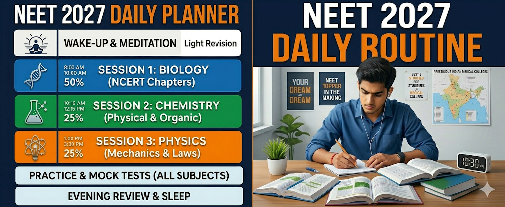 Daily routine for NEET 2027 — subject-wise timetable for class 11 and dropper students
