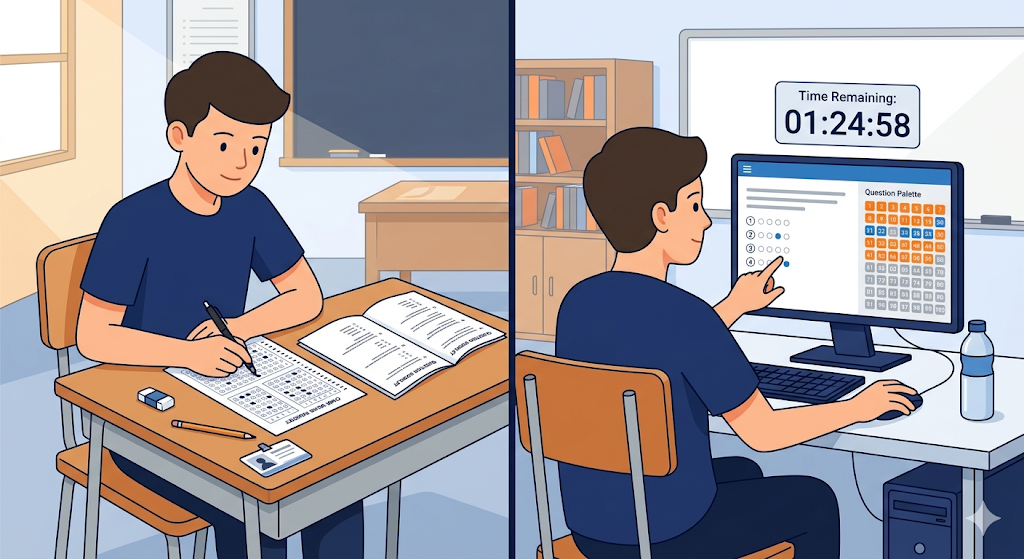 NEET 2027 OMR vs CBT comparison showing a paper answer sheet versus a computer-based exam screen