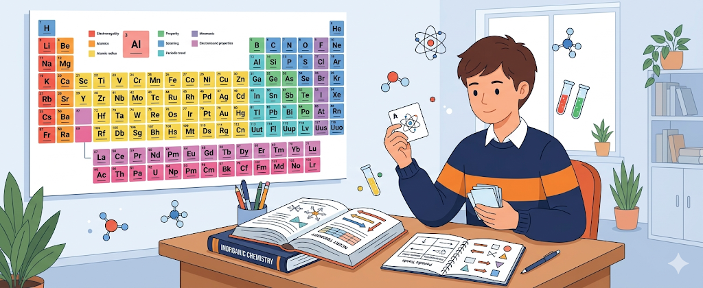 Inorganic chemistry for NEET 2027 study setup with periodic table, flashcards, and NCERT notes