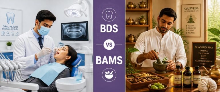 BDS vs BAMS after Re-NEET 2026 career comparison showing dentistry and Ayurveda paths side by side