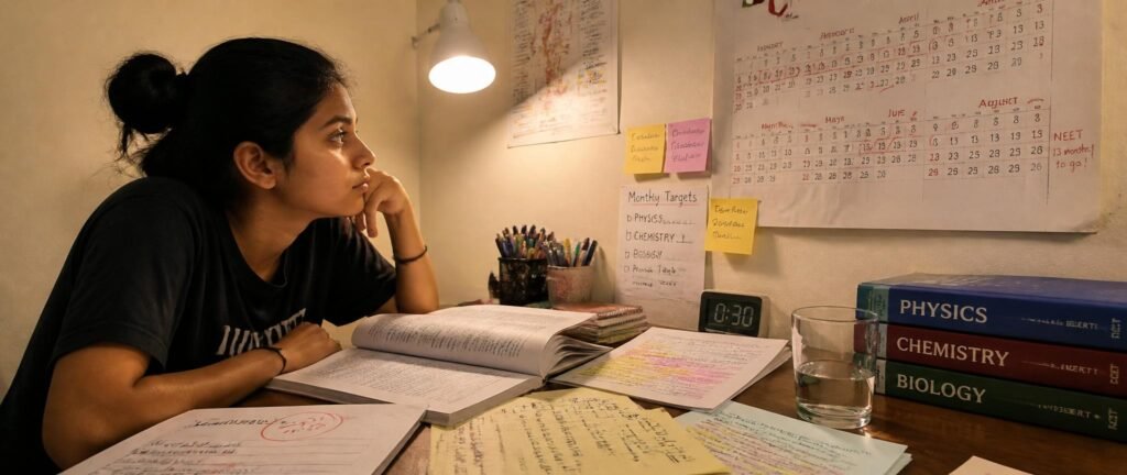 Student planning how to score 650 in NEET 2027 month by month with calendar