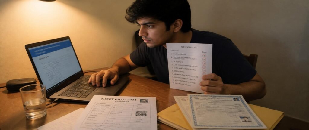 Student researching MCC NEET UG 2026 counselling date and filling choices on laptop at night
