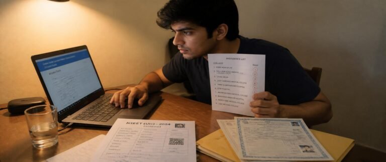 Student researching MCC NEET UG 2026 counselling date and filling choices on laptop at night