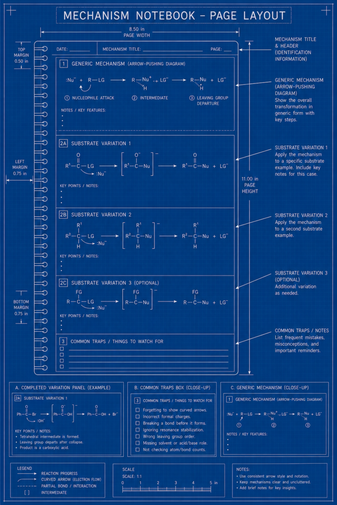 Mechanism notebook page layout diagram