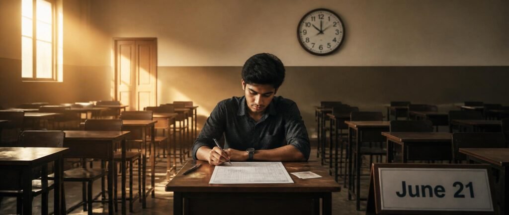 Student wondering what happens after missed Re-NEET 2026 with empty exam hall in background