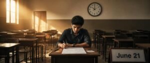 Student wondering what happens after missed Re-NEET 2026 with empty exam hall in background