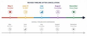 Timeline showing NEET 2026 cancellation impact on MBBS session 2026-27 from cancelled exam to delayed December class start