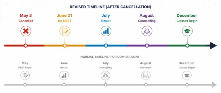 Timeline showing NEET 2026 cancellation impact on MBBS session 2026-27 from cancelled exam to delayed December class start