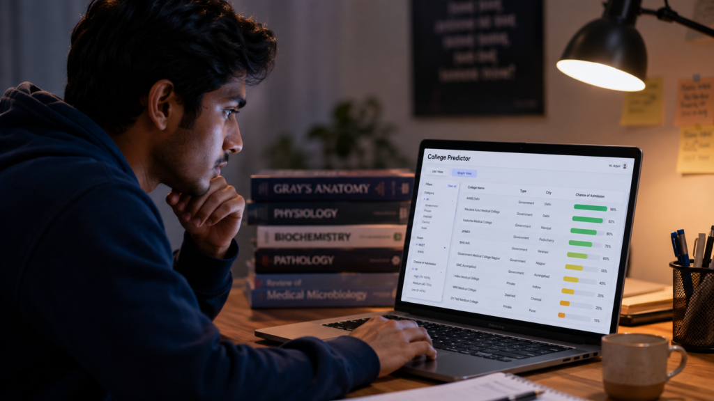 Student using NEET College Predictor 2026 to find government MBBS college options after Re-NEET