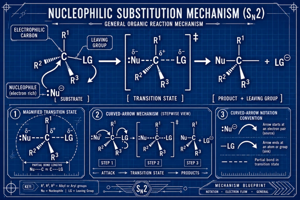 Nucleophilic substitution mechanism (S_N2) diagram