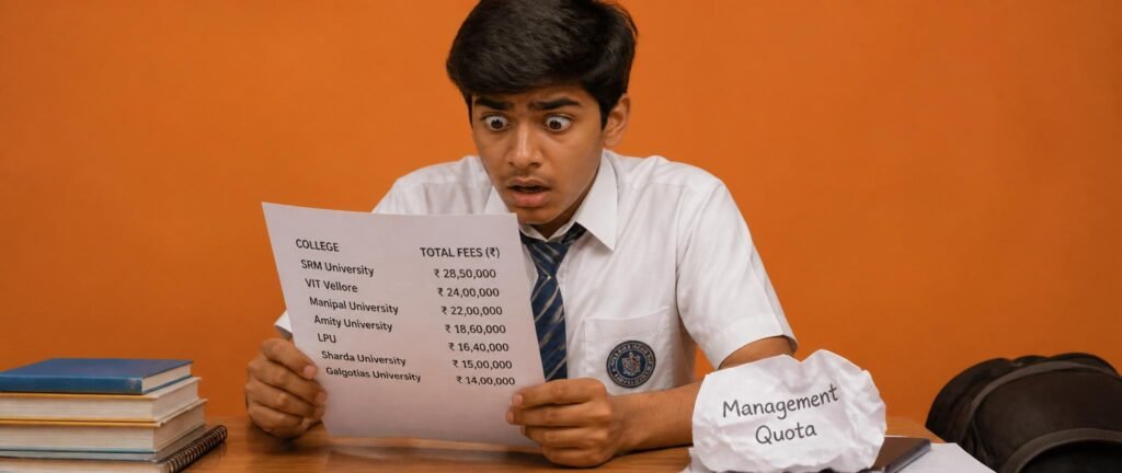 Shocked Indian student reacting to private MBBS fees India 2026 printed on a sheet