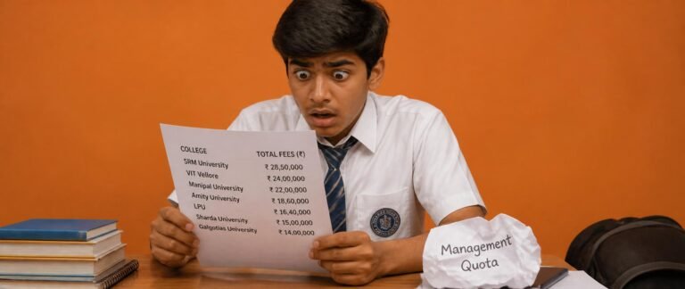 Shocked Indian student reacting to private MBBS fees India 2026 printed on a sheet