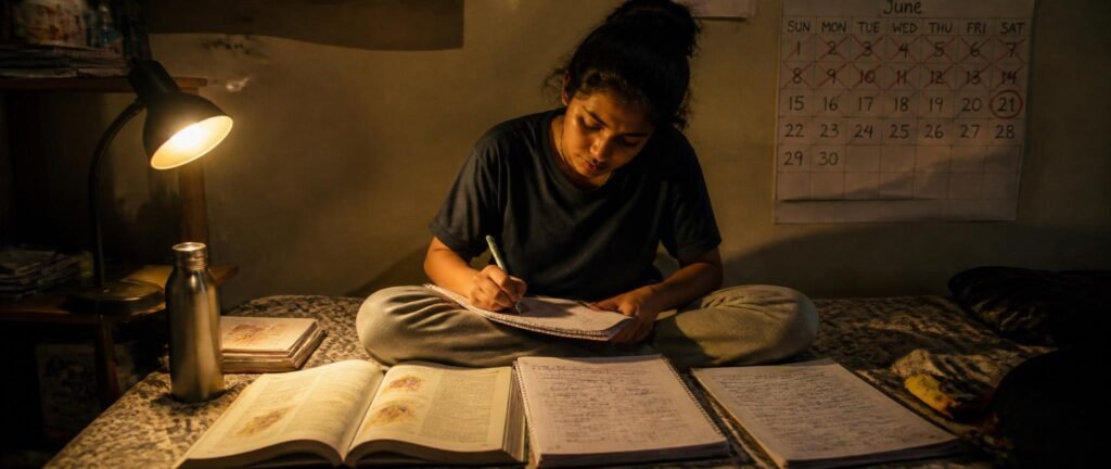Indian student following Re-NEET 2026 19 day plan with NCERT books and countdown calendar