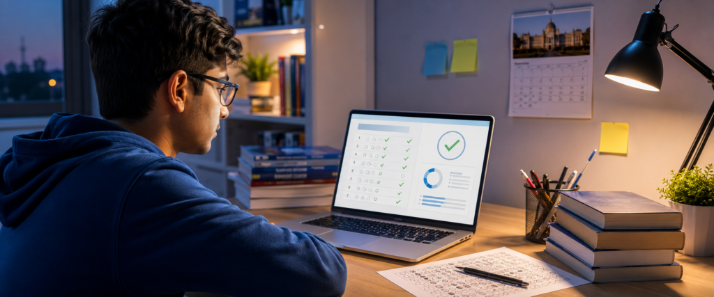 Student downloading the Re-NEET 2026 Answer Key PDF on a laptop to calculate score
