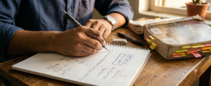 Student writing Re-NEET 2026 Chemistry formula sheet with organic and physical chemistry equations