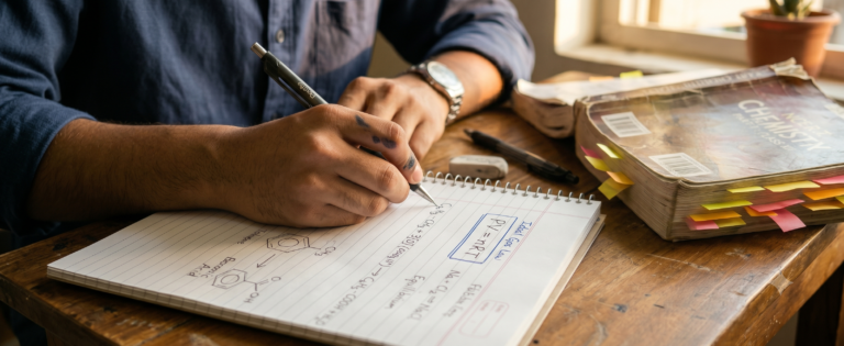Student writing Re-NEET 2026 Chemistry formula sheet with organic and physical chemistry equations
