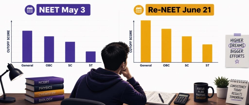 Re-NEET 2026 cutoff comparison chart showing category-wise expected qualifying and admission marks versus NEET 2026 May 3 cutoff