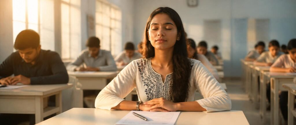 Student managing Re-NEET 2026 exam anxiety with deep breathing technique in exam hall on June 21