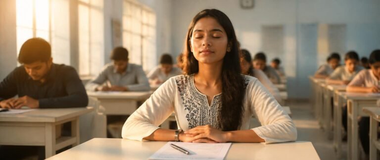 Student managing Re-NEET 2026 exam anxiety with deep breathing technique in exam hall on June 21