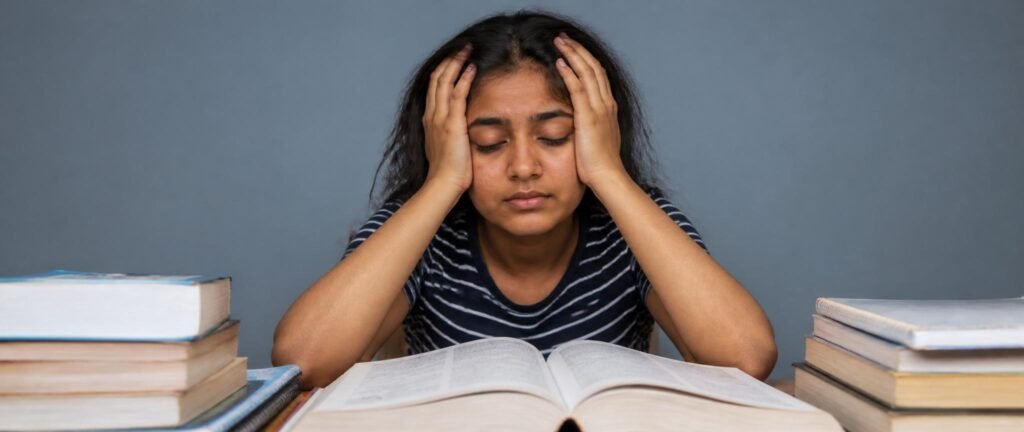 Re-NEET 2026 mental burnout — exhausted student resting head on hands at study desk