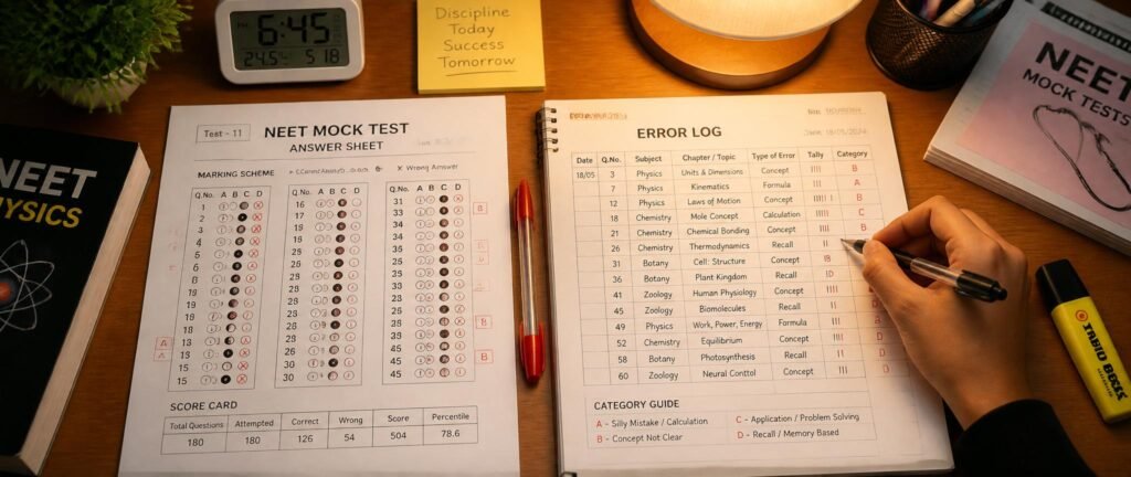 Re-NEET 2026 mock test analysis showing error categorisation system with NEET answer sheet and error log notebook