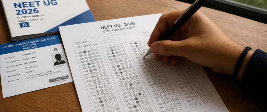 Student correctly filling Re-NEET 2026 OMR sheet filling with black ballpoint pen following NTA guidelines