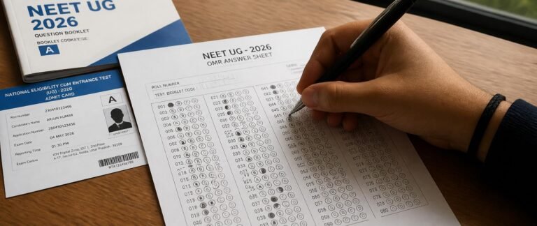 Student correctly filling Re-NEET 2026 OMR sheet filling with black ballpoint pen following NTA guidelines