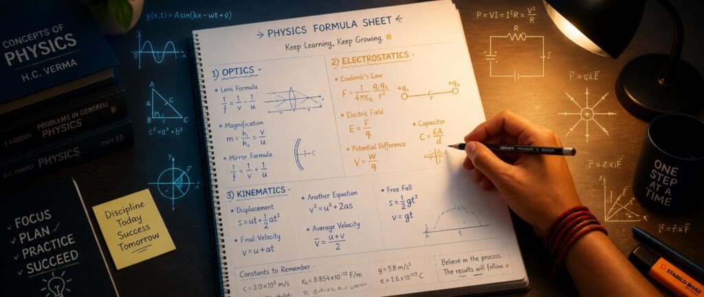Re-NEET 2026 Physics formula sheet covering all high-weightage chapters with solved examples