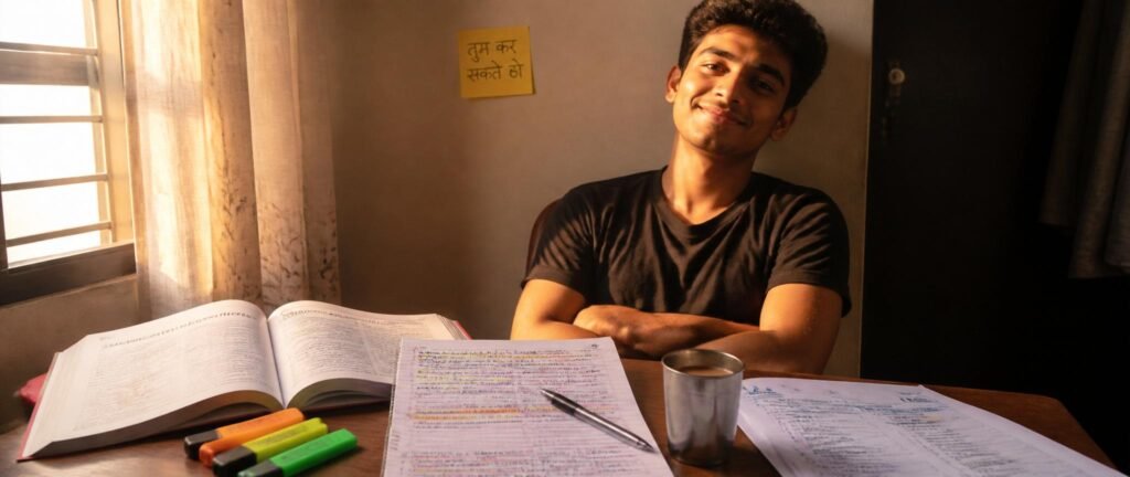 Indian student showing Re-NEET 2026 preparation confidence at study desk