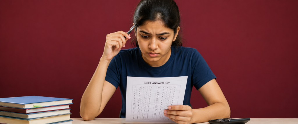 Re-NEET 2026 rank predictor — student calculating score using answer key
