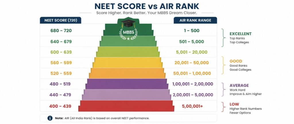 Re-NEET 2026 score vs rank table showing expected All India Rank for scores from 400 to 720 based on NEET 2025 data