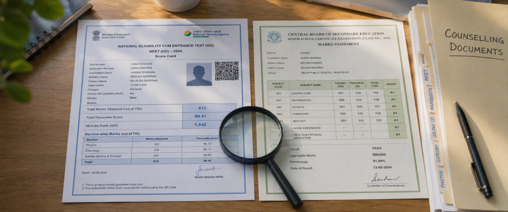 Re-NEET 2026 Scorecard vs Marksheet documents compared side by side