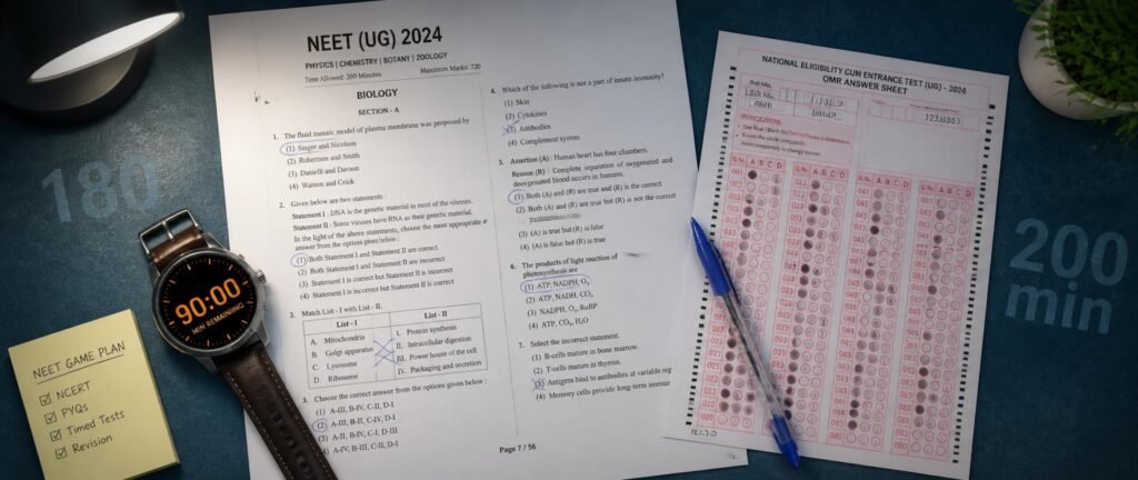 Re-NEET 2026 time management strategy exam paper with round-wise attempt marks and 200-minute timer