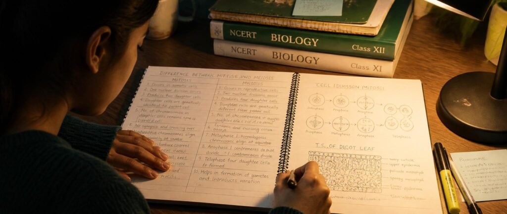 Re-NEET 2026 biology comparison tables notebook with diagrams