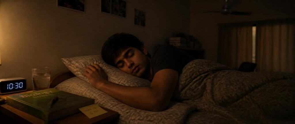 NEET student following sleep schedule before NEET exam with alarm set at 10:30 PM