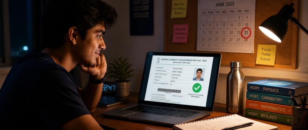 Re-NEET 2026 admit card download shown on student's laptop screen