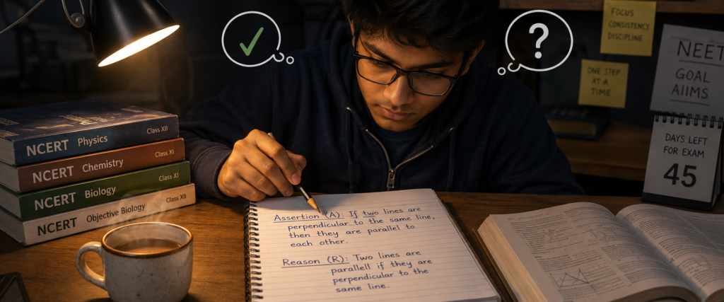 Re-NEET 2026 assertion reason questions practice notebook illustration