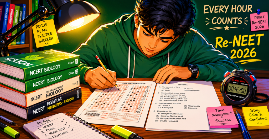 An illustration of a student timing themselves while attempting a Biology sample question paper styled after the real NEET exam format.