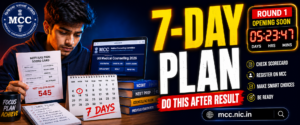 Student following action plan after NEET 2026 result with scorecard and calendar