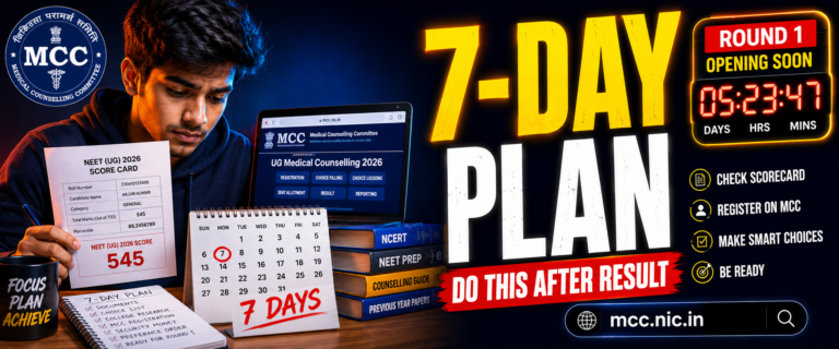 Student following action plan after NEET 2026 result with scorecard and calendar