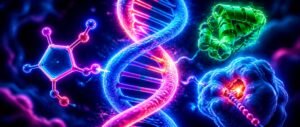 Glowing DNA helix and molecular structures representing biomolecules for NEET 2027