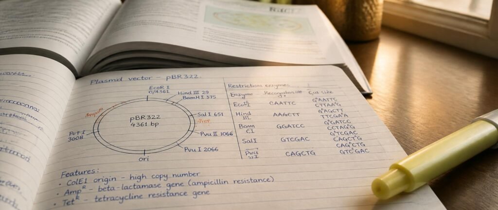 Student drawing a plasmid map while studying biotechnology for NEET 2027