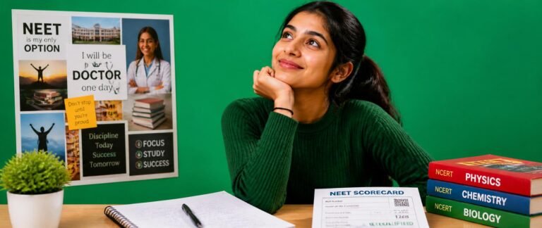 Student exploring careers with a NEET score beyond MBBS on a career-path notebook