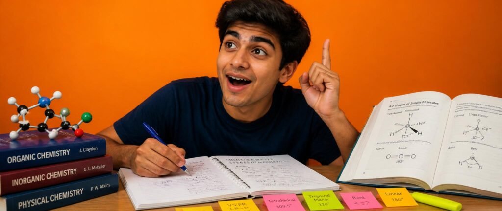 Student mastering chemical bonding for NEET 2027 with molecular shape diagrams