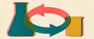 Risograph style print representing chemical equilibrium for NEET 2027 forward and reverse reactions