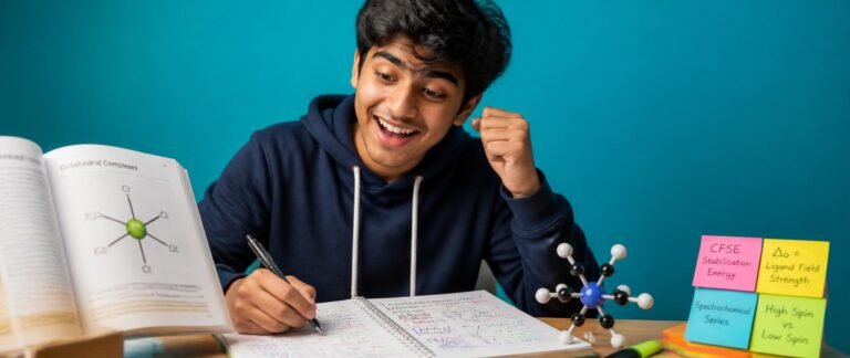 Student studying coordination compounds for NEET 2027 with a complex-ion diagram